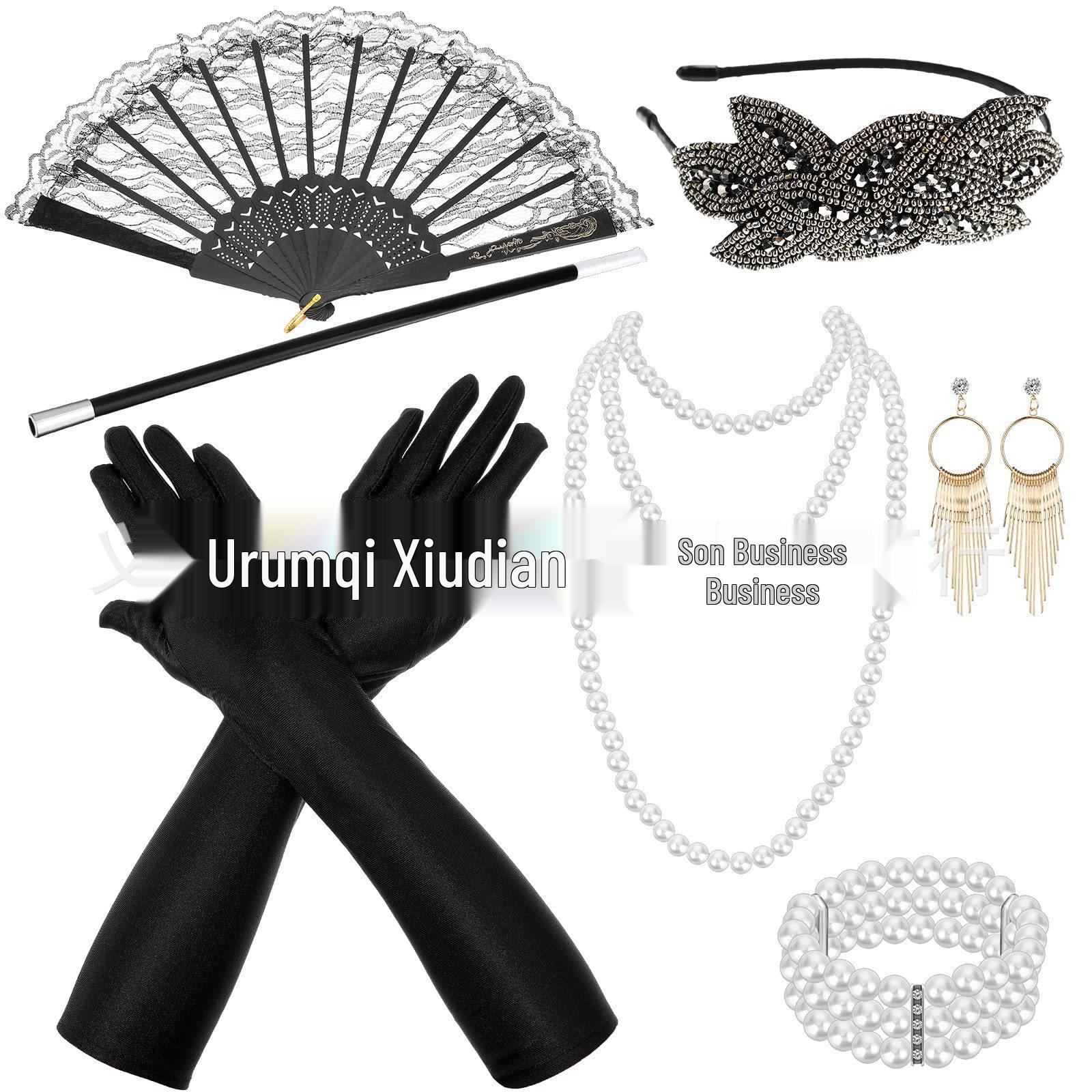 1920s Flapper Party Set: Gatsby Headband, Folding Fan, Earrings, Gloves, Necklace, Bracelet