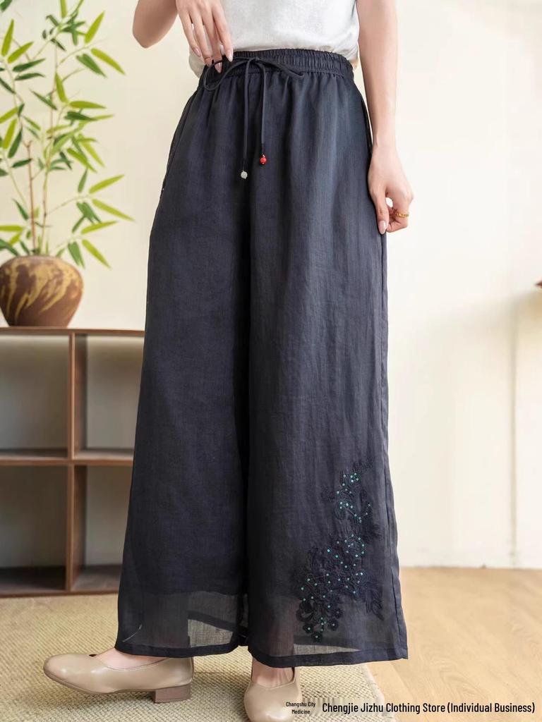 2026 Sommer Damen bestickte Leinen-Hose mit weitem Bein und Kordelzug