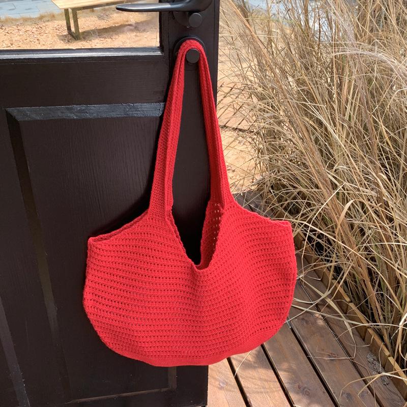 Korean Style Polyester Knit Tote Bag for Women Woven Shoulder Beach Purse