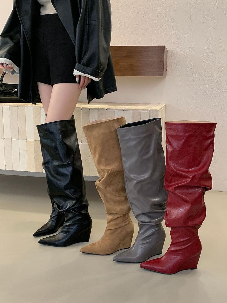 New Folded Large Tube Wedge Heel Pile Boots European and American Long Boots Over Knee Pointed Tall Boots