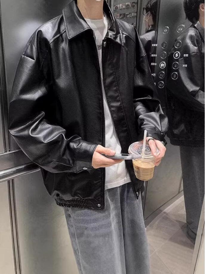 Men's PU Leather Jacket: Shiny, Retro Black Motorcycle Style for Autumn/Winter.