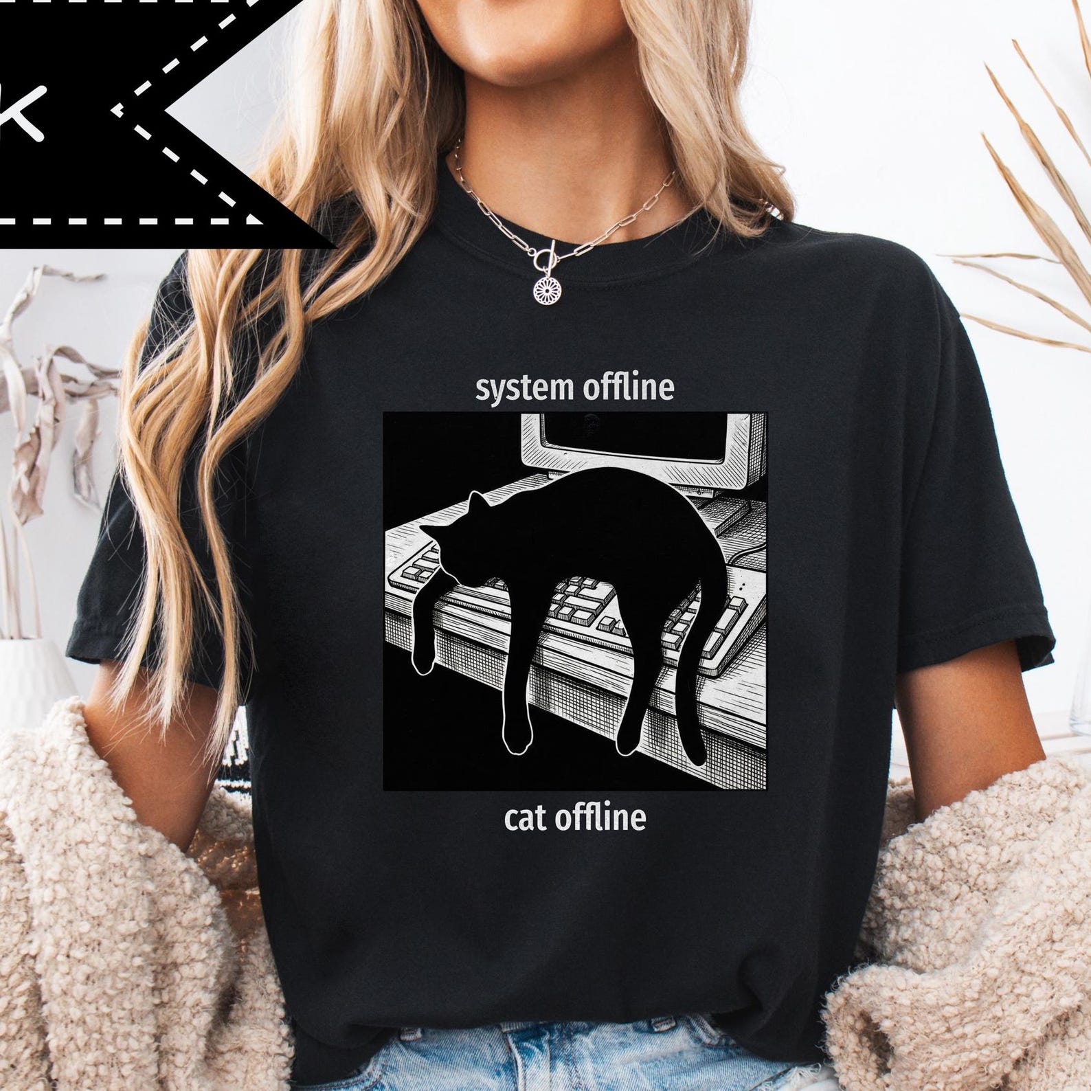 System Offline Cat Offline T-Shirt, Retro Gothic Graphic Tee, Workwear Sarcastic Shirt 2XL