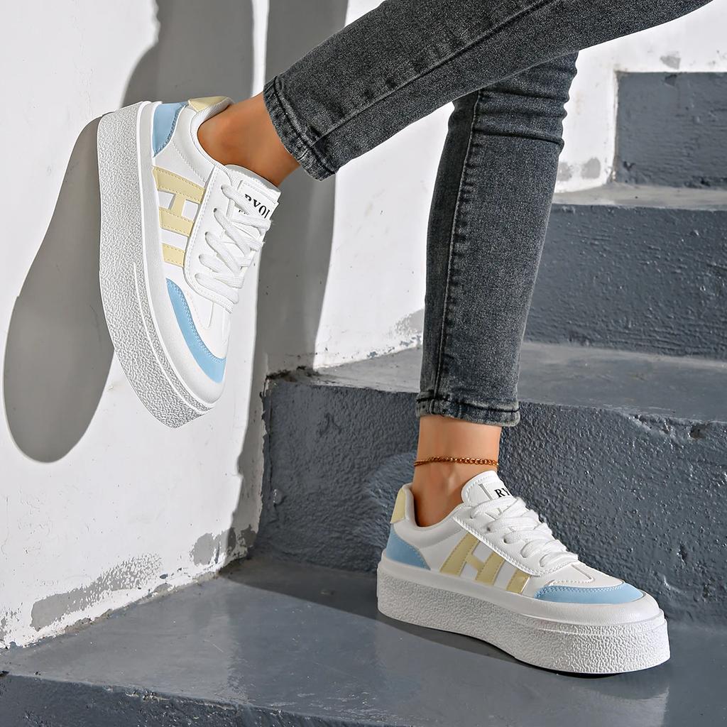 Scarpe alla moda stringate basse vulcanizzate per primavera e autunno, nuove, a punta tonda, comode, casual, sportive, da donna