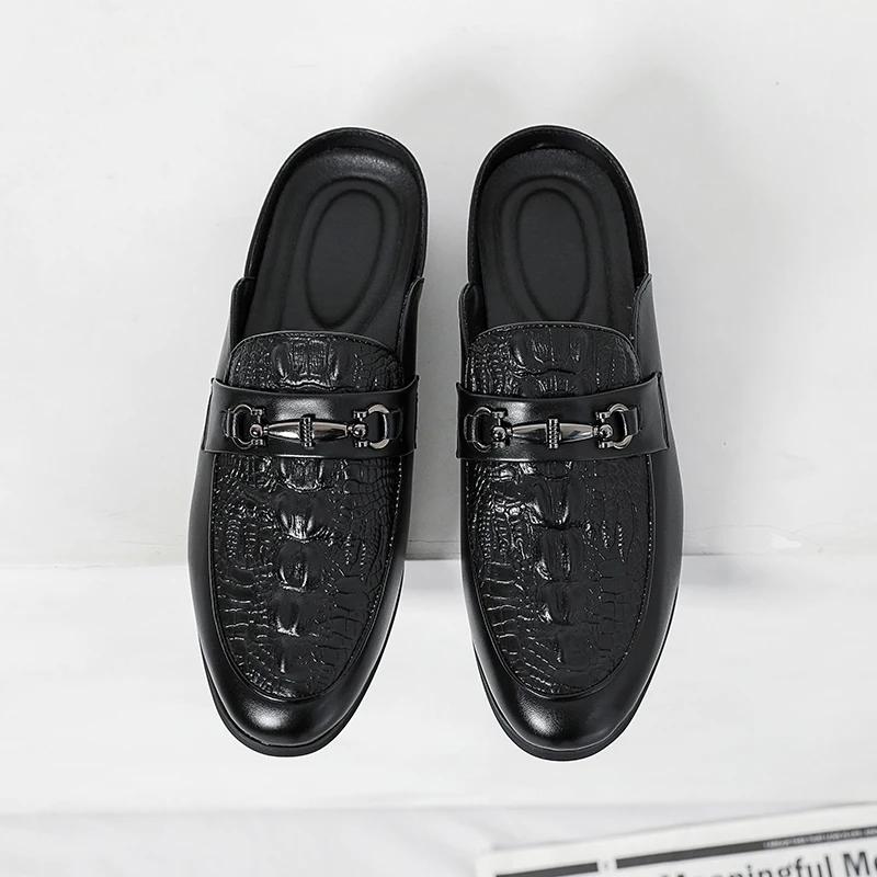 Fashion Men Leather Fashion Half Slipper Summer Men Loafers Flats Slippers for Outdoor Walking Shoes Male Shoes All-match Muller Shoes
