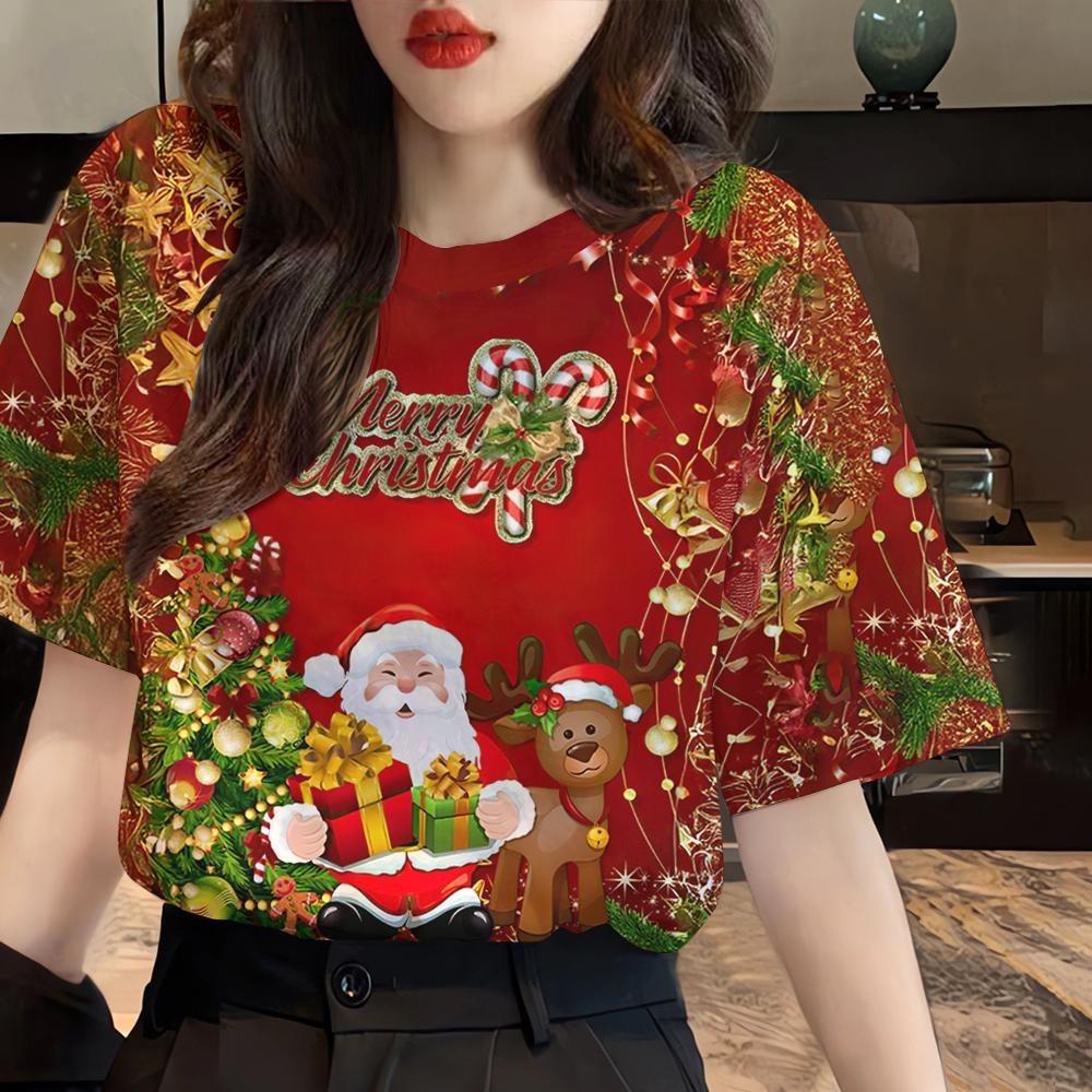 Christmas T-shirt Women's Santa Claus Printed T-shirt Fully Sublimation Fashion T-shirt Top