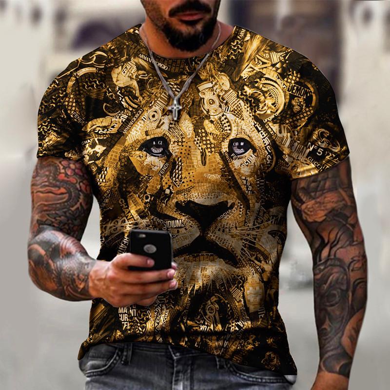 2021 New Men's Casual 3D Lion Print Slim-fit Pullover Men's T-shirt Men's Fashion Casual Short Sleeve T-shirt Men's Top