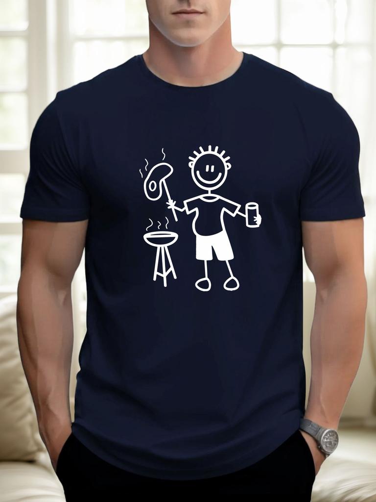 Men's Casual Figure Barbecue Print Summer 100% Pure Cotton Round Neck Short Sleeved Daily Outdoor Loose Oversized T-shirt