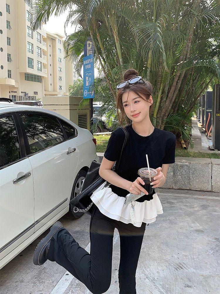 In-Stock Women's Patchwork Lace Puff Sleeve Slim Fit T-Shirt
