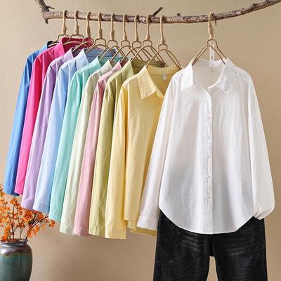 Spring 2026 Women's Japanese Style Washed Cotton Long Sleeve Shirt - Solid Candy Colors