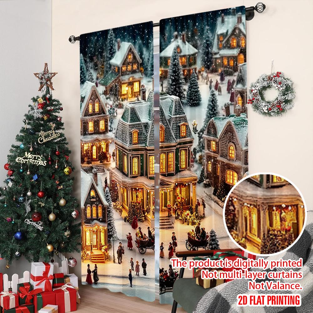 2pcs 2D Flat Printing Christmas Drapes Vintage Village Versatile Fabric Without Electricity Festive Wall Decor Use for Indoor