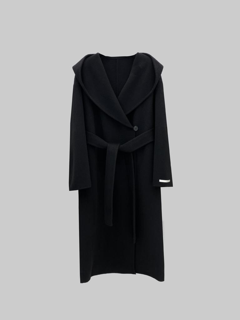 Hooded Lazy Loose Double-sided Wool Coat Lace-up Bathrobe Long Coat Autumn and Winter 25 New Women's Black and White Gray