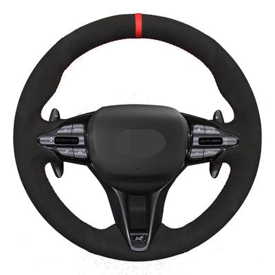 Car Steering Wheel Cover Hand-Stitched Soft Black Genuine Leather Suede For Hyundai I30 N 2018- Veloster N -