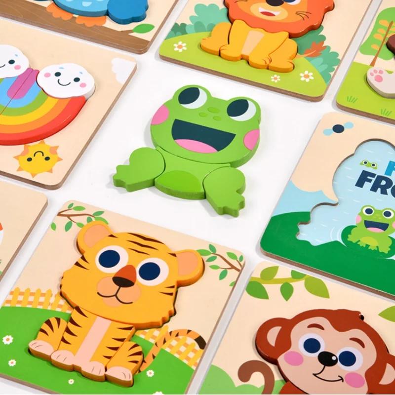 Dřevěné 3D puzzle hračky pro děti Kreslené zvířátko Kognitivní skládačka od 3 let Vzdělávací hračky pro rané učení pro děti