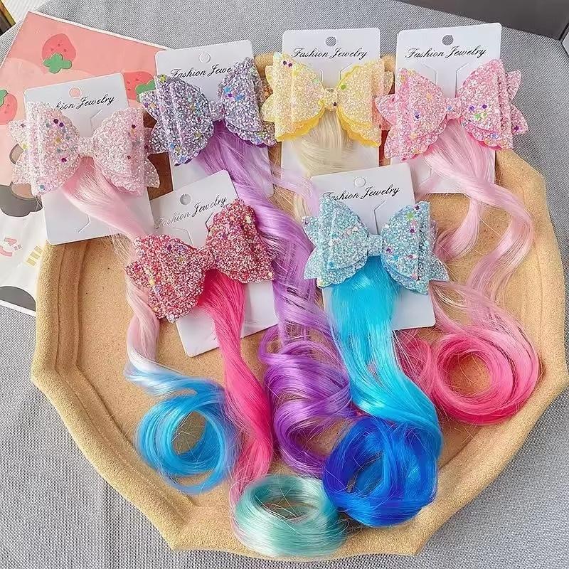 1/2pcs Cute Curly Hair Bowtie Wig Girls Hairpins Ombre Color Headwear Hair Clips For Princess Dress Up Birthday Gift Party Favor