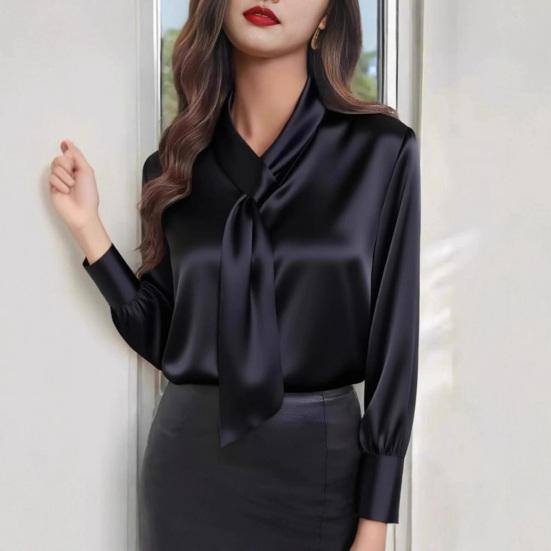 Women Shirt Ribbon V-Neck Long Sleeve Satin Texture Blouse Breathable Regular Fit Casual Work Party Dress Tops