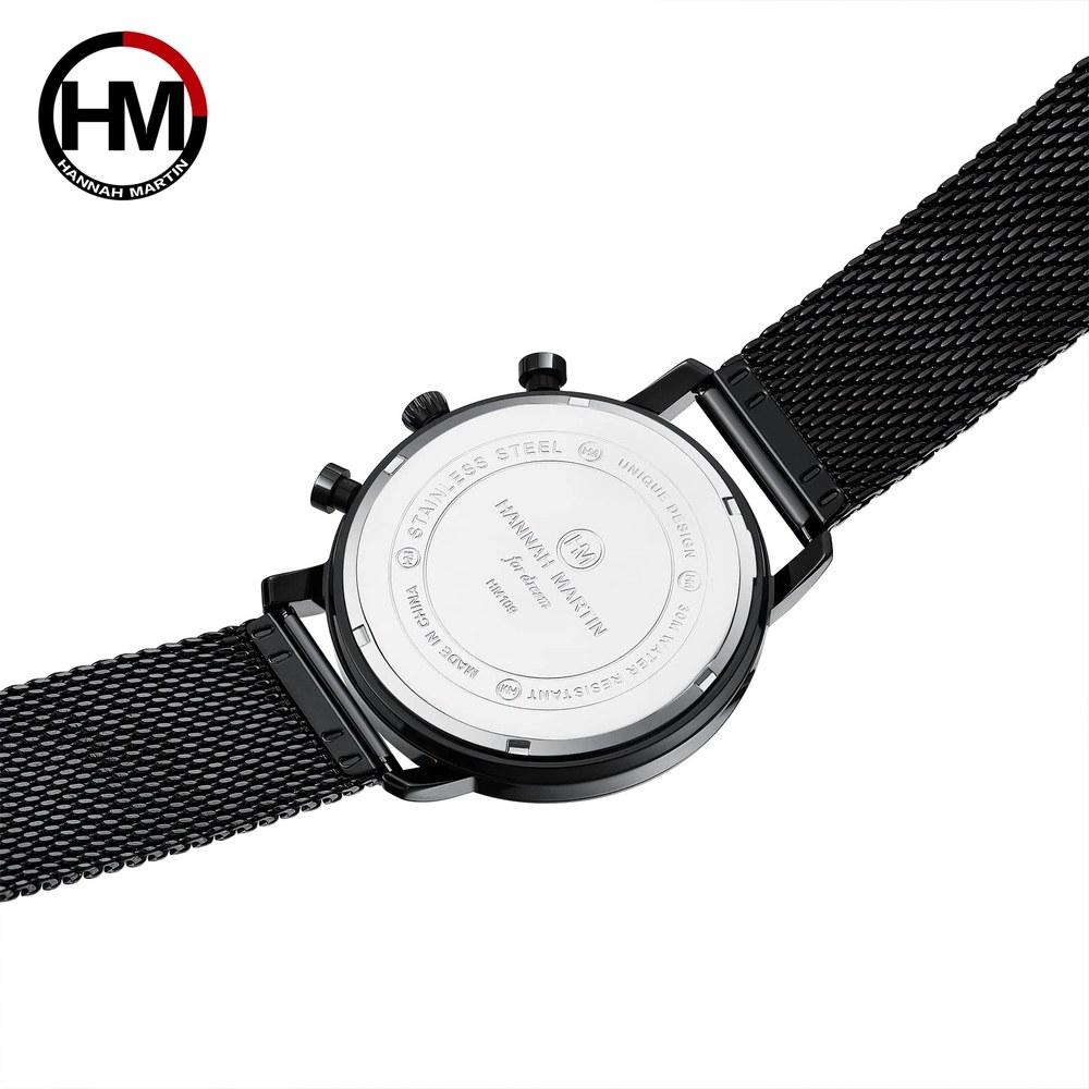 Hannah Martin Men's Stainless Steel Waterproof Analog Quartz Business Chronograph Watch Black