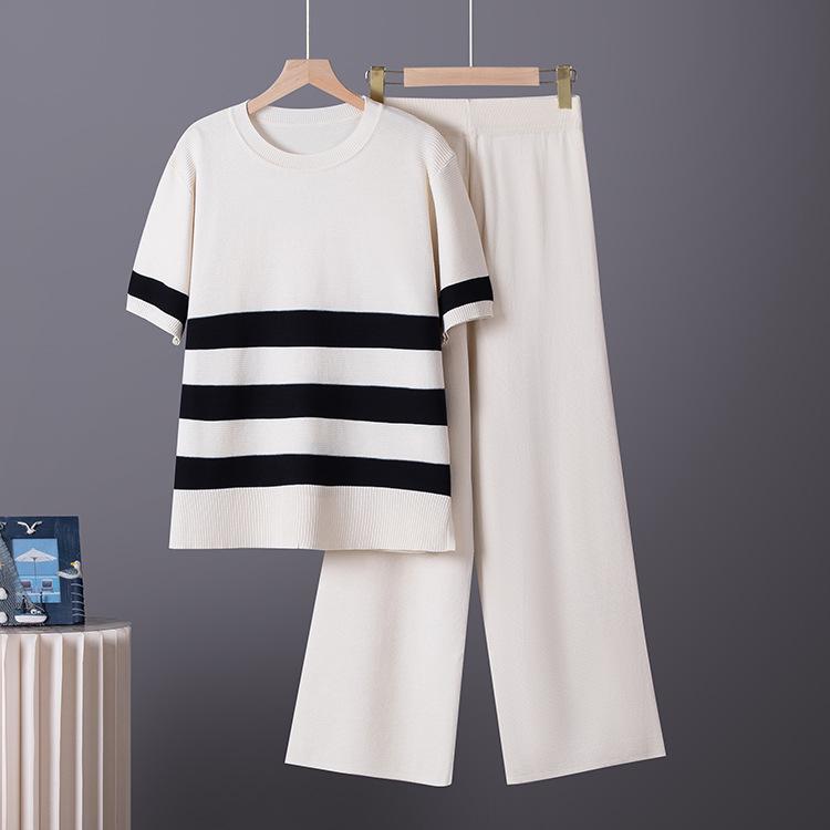 Color Block Striped Knit Top & High Waist Wide Leg Trousers Two-Piece Set