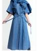 Spring 2025 Retro Lapel Slim-Fit Denim Dress with Belt - European & American Style Women's Short-Sleeve