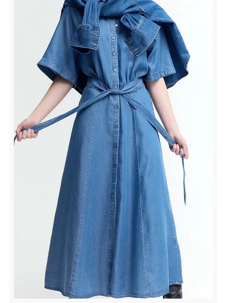Spring 2025 Retro Lapel Slim-Fit Denim Dress with Belt - European & American Style Women's Short-Sleeve