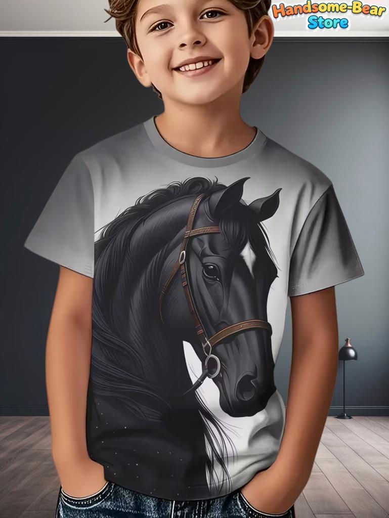 Children's Clothing Boys T-Shirt 3D Horse Print Short Sleeve Fashion Kids Summer Clothes Casual Child Girls Clothing O-Neck Tops