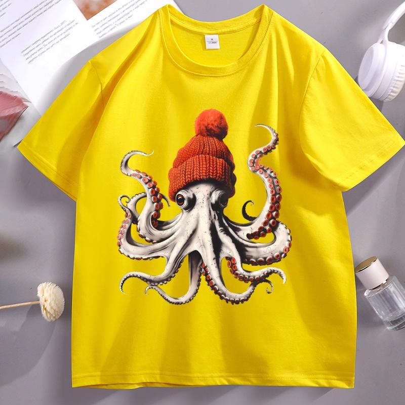 2026 Hot Sale Funny Octopus Wearing Beanie Retro T-Shirt Unisex Funny T Shirt 90s Graphic Tee Cotton Short Sleeve Male Tees Y2k Clothing Top