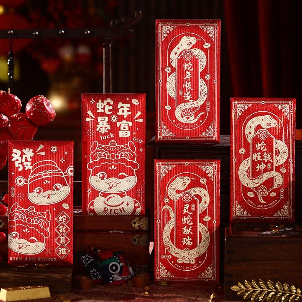 6pcs Cartoon 2025 Chinese Red Envelopes Traditional 2025 Snake Year Red Envelopes  Celebration Party