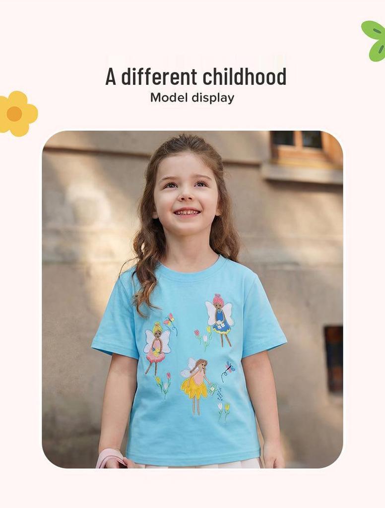 Girls' Floral Embroidery Cotton T-shirt - European & American Style, Summer Sportswear Pullover