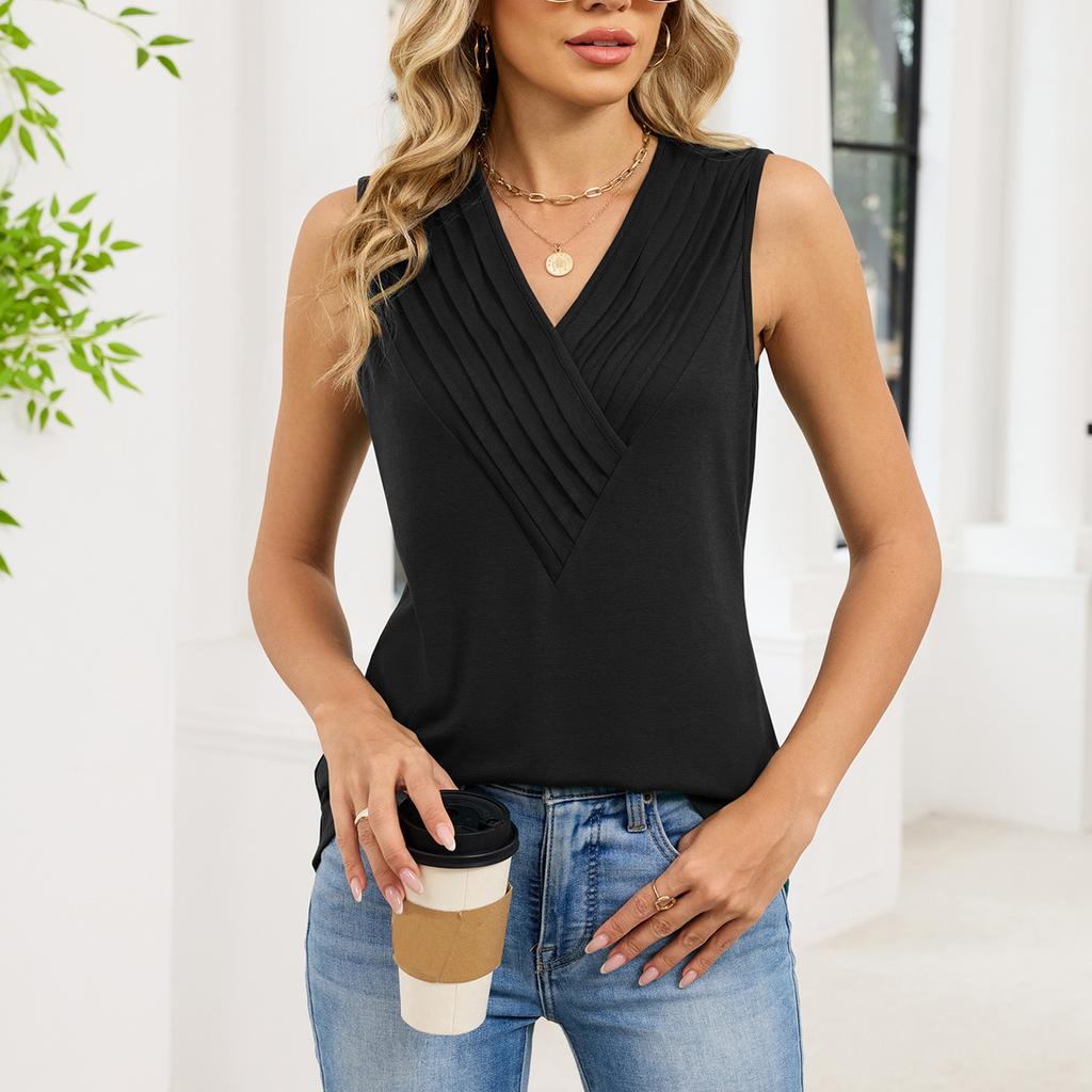 Women's Summer Fashion Color V-neck Sleeveless Vest Pullover T-shirt Top