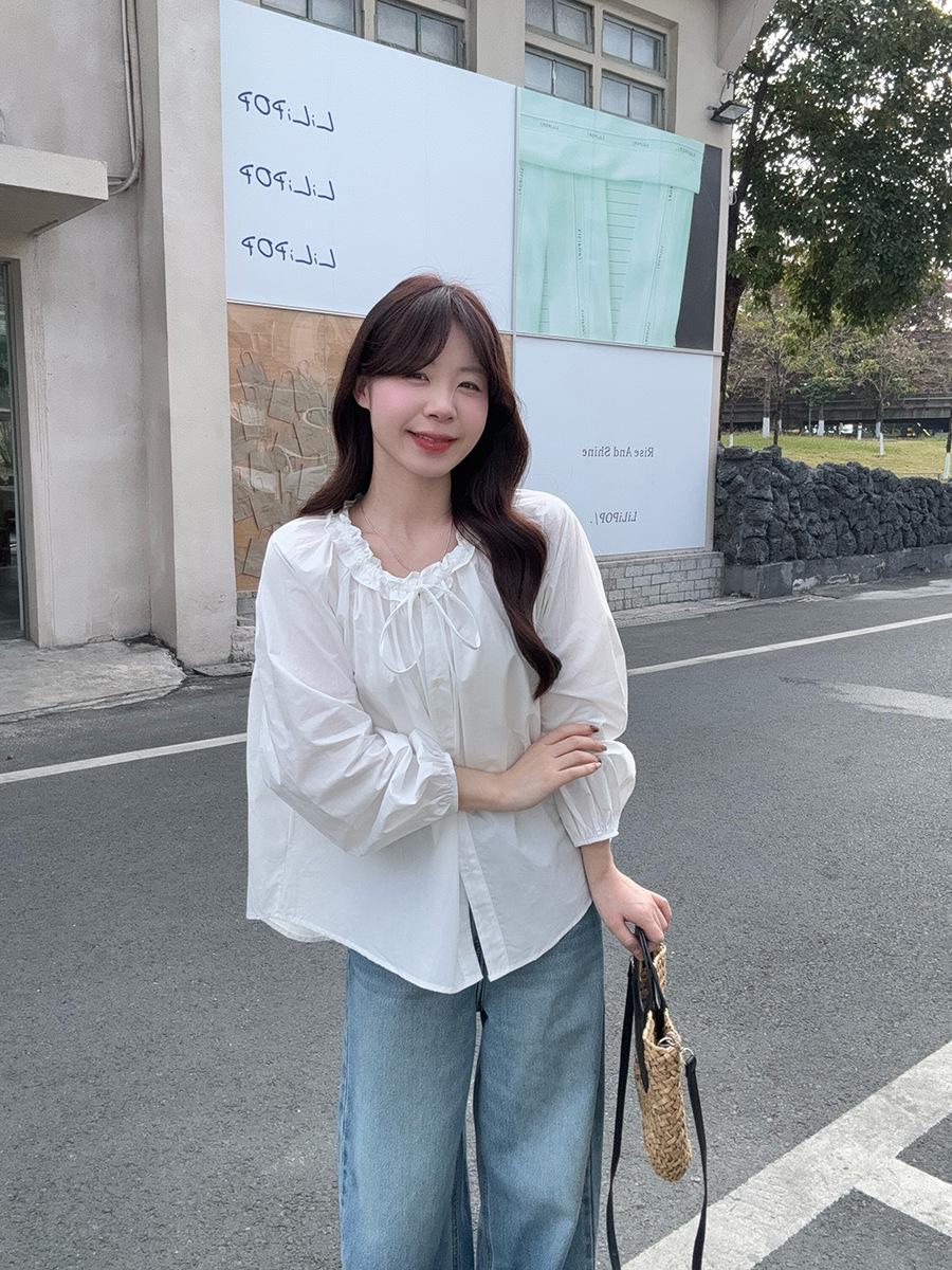 Plus Size Korean Style Ruffled Collar Bowknot Shirt 4XL белый