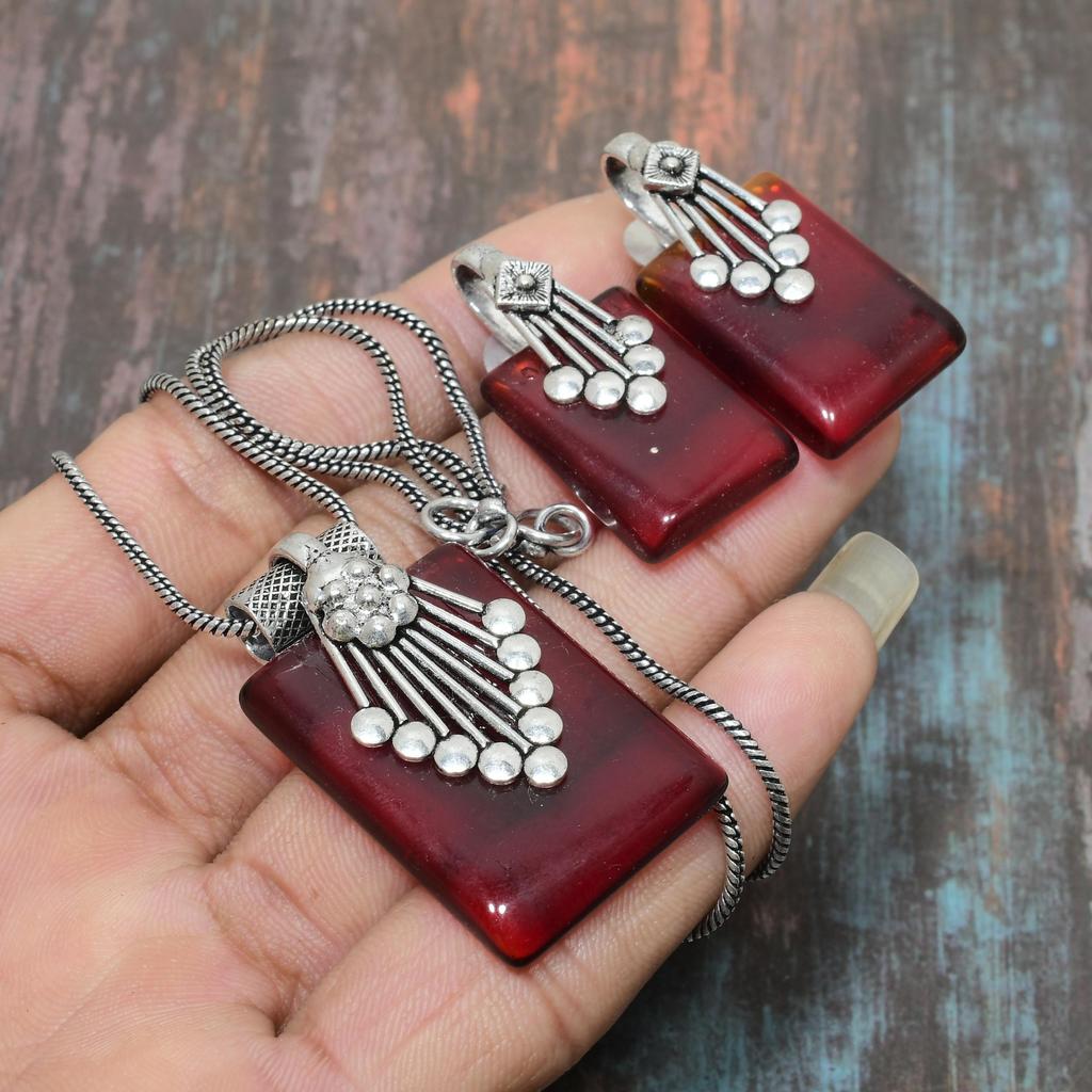 Mozambique Garnet Gemstone Handmade Solid 925 Sterling Silver Necklace+Earring Jewelry Set