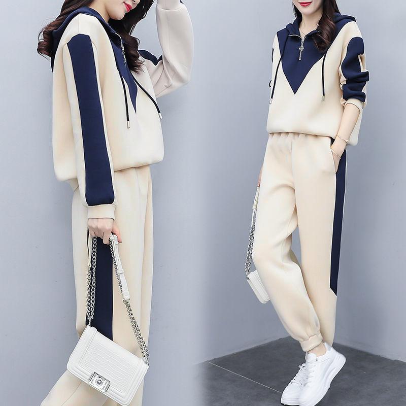 Casual sports suit women's 1116 spring and autumn new large-size women's clothing splicing sweater fashionable and thin foreign two-piece set