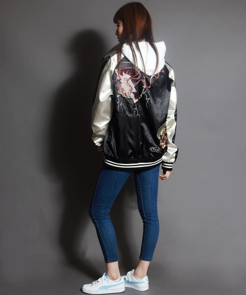 [WESTSEA] Japanese Embroidered Sukajan Jacket, Satin Souvenir Bomber Blouson for Men & Women, Fujin Raijin Thunder God, Black, JP Size M