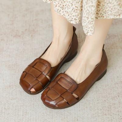 Mode 2025 Neue geflochtene Cutout Slipper Damen Braune Mokassins Damen Vintage Schuhe Slipper Freizeit Retro Ballerinas