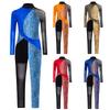 Girls Asymmetrical Jumpsuit Mock Neck Sheer Mesh Long Sleeve Keyhole Back Metallic Snakeskin Dance Bodysuit