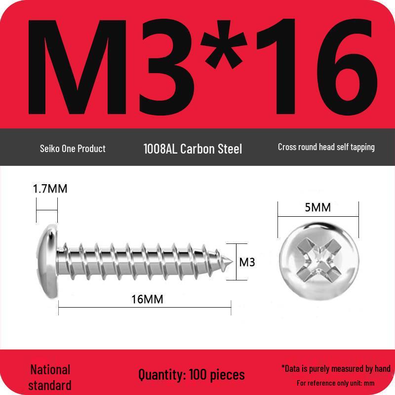 Galvanized Self-Tapping Screws, Round Head, White Zinc, PA Cross Pan, Pointed Tail M1.2-M4