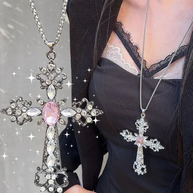 Gothic Big Zircon Cross Necklace Unisex Irregular Goth Large Cross Pendant Necklaces for Men Women Couple Necklace Jewelry