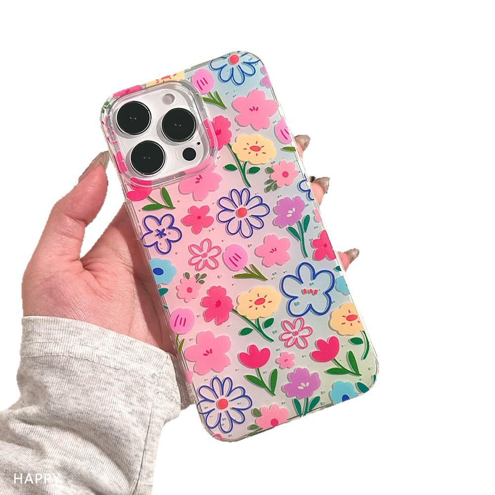 Applicable To Apple 16pro Full Screen Flower Mobile Phone Case Iphone15 Full Inclusive IMD Cartoon Lanyard Protective Cover 14 Women