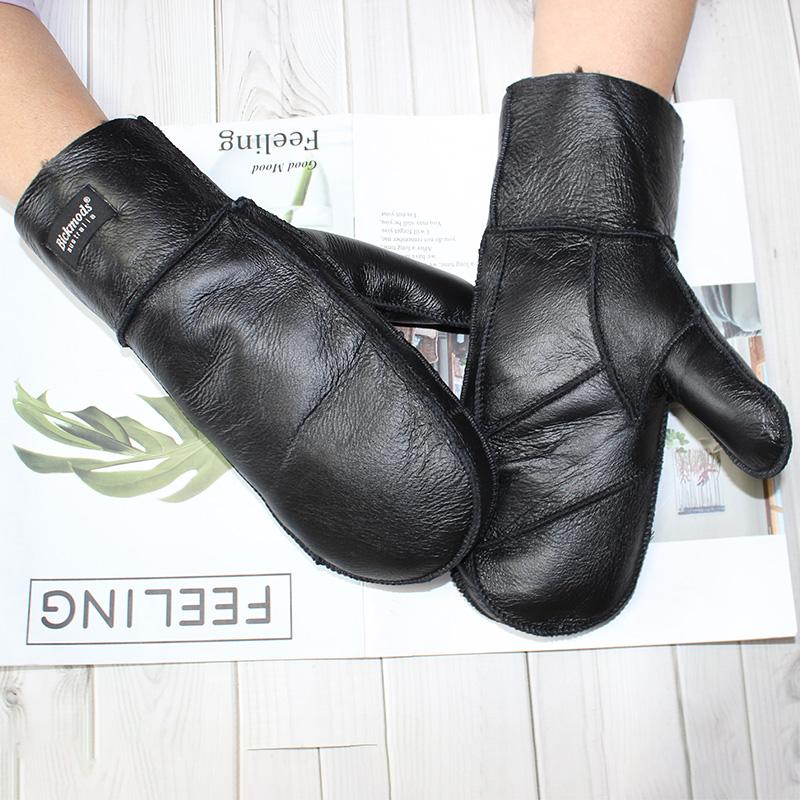 Winter Warm Sheepskin Fur Mittens Men's Thickened Windproof and Cold-Proof Wool Lining Plus Fertilizer Increase Leather Gloves
