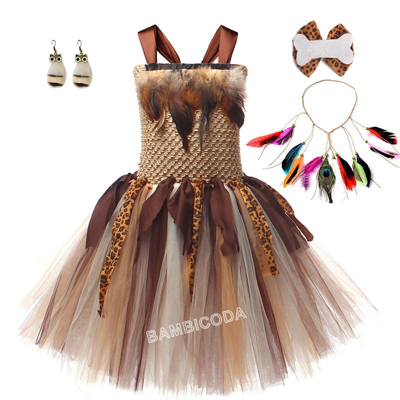 Déguisement Fille des Cavernes pour Fille Homme Sauvage Cosplay Anniversaire Jungle Carnaval Fêtes Robes Tutus Fantaisie Tenue Halloween Robe Tutu S(2-3Y)