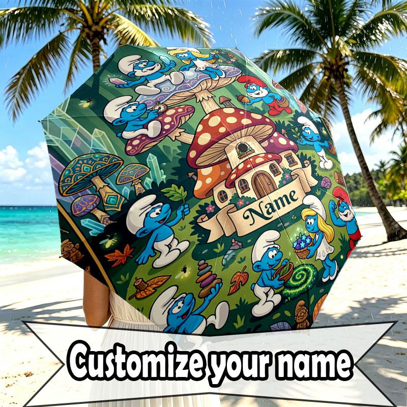 Custom Name Personalized The Smurfs Print Umbrella, Auto Open Close, 8‑Rib Sturdy Frame, Commute Camping Hiking Use, Birthday Gift