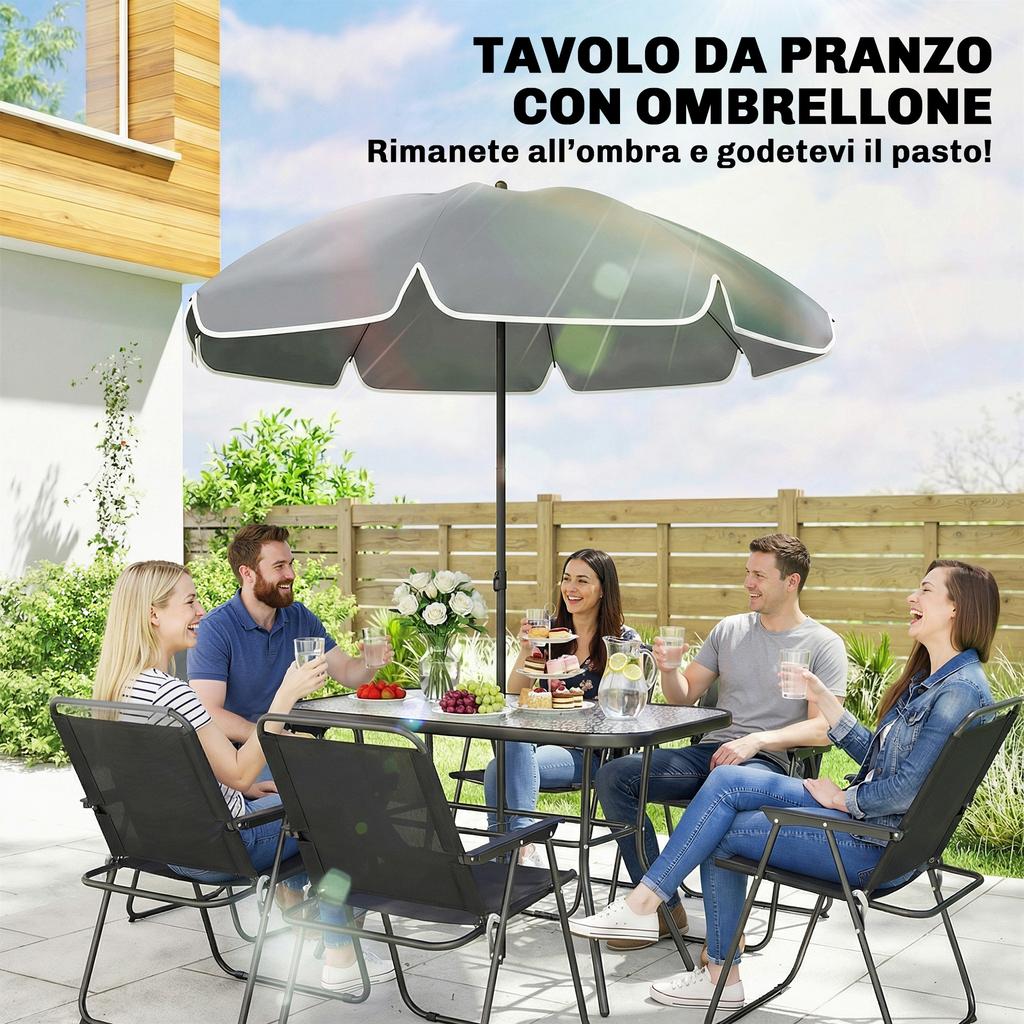 8-Piece Garden Set with Parasol, 6 Folding Chairs and Tempered Glass Outdoor Table, Black