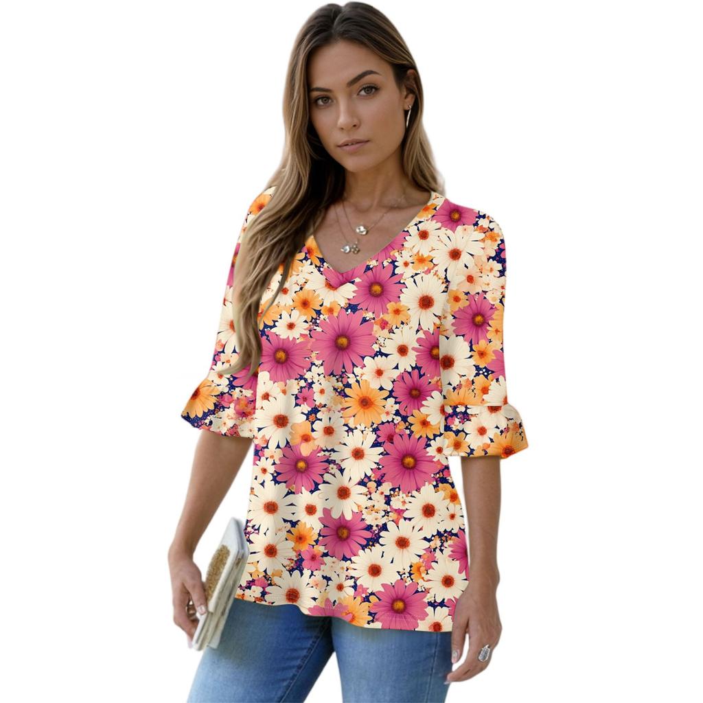Women's Casual 3/4 Sleeve Tops V-Neck Sleeve T-Shirt Floral Print Tops