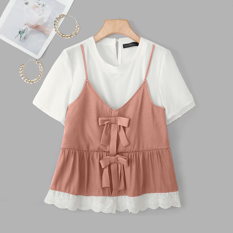 ZANZEA Women Summer Casual Round Neck Short Sleeve Patchwork T-Shirts