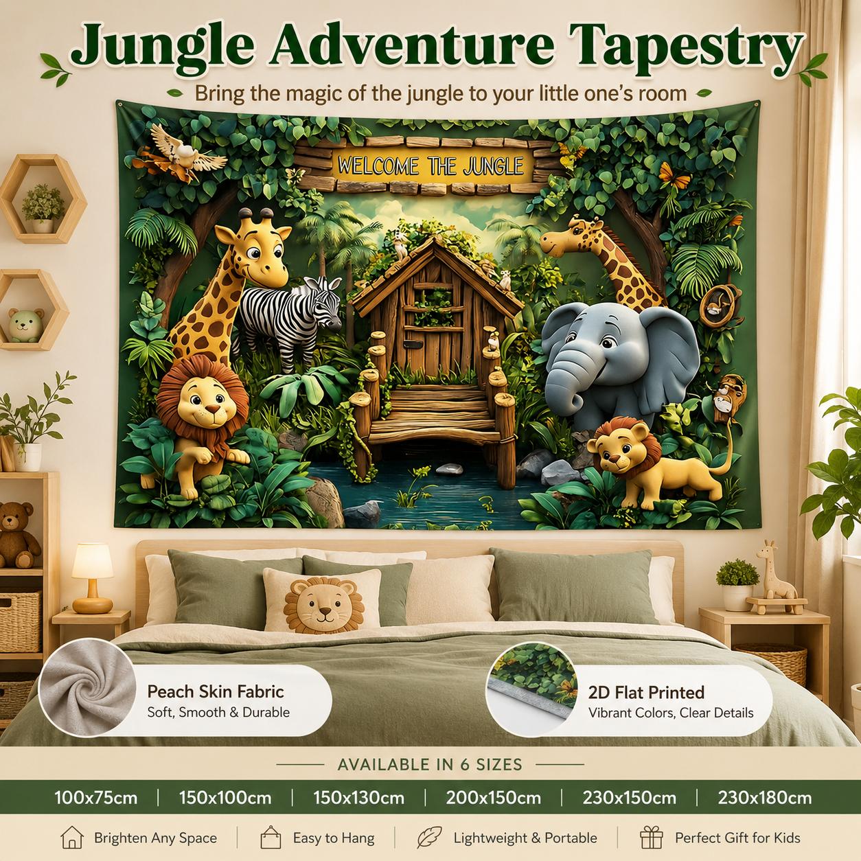 Textilien Unisex Peach Jungle Adventure Tapestry Cartoon Animal Lion Giraffe Elephant 2D Flat Printed Skin Wall Hanging Kids Bedroom Playroom