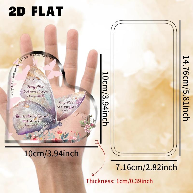 2D Flat Inspirational Heart-Shaped Acrylic Butterfly Bible Verse Desktop Decoration Plaque, Home Decor Plaque Hanging Wall Art Decorative Garden Decor