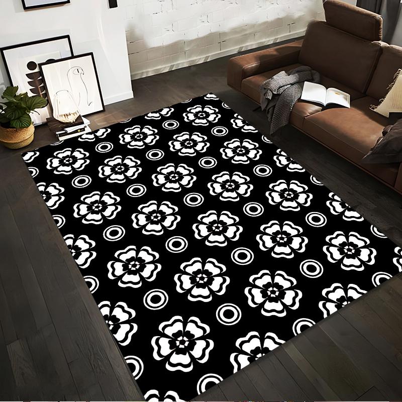 Black and White Floral Pattern Carpet with Circular Accents, Modern Style Suitable for use as an anti-slip for living room bedroom sofas