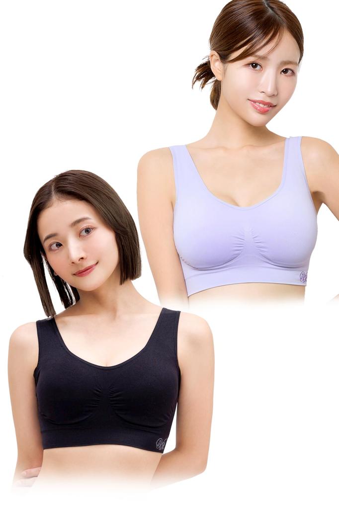 VIAGE Beauty Up Night Set 6 Sizes High Side Compression Back No Constriction Bra, 2-Piece (Black/Purple, S-M), Available, Design, Wireless, Design,