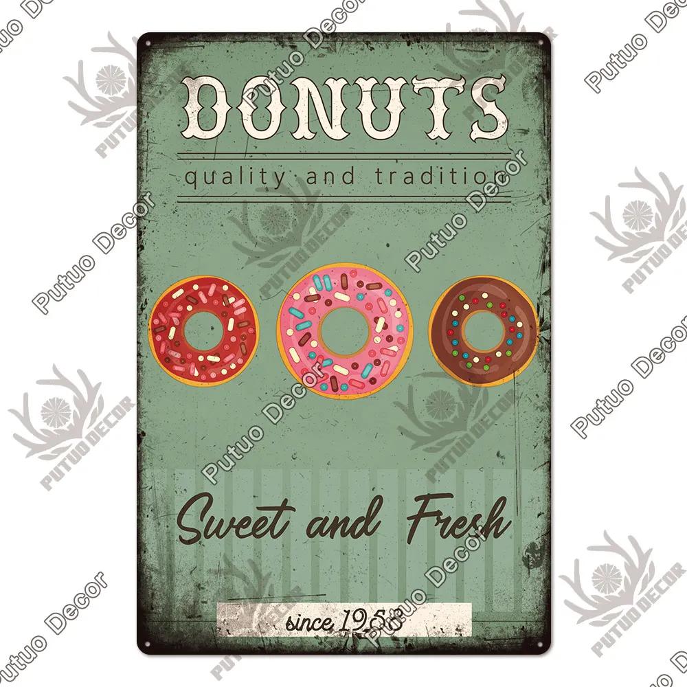 Putuo Decor Donuts Dessert Vintage Plaque Metal Plate Tin Sign Wall Art Decor Retro Poster for Kitchen Cafe Home Iron Painting
