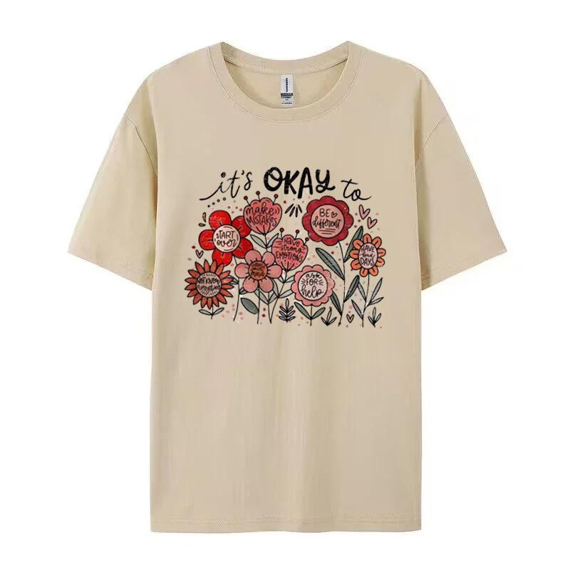 Its Okay To Boho Floral Motivational Quote Women Tshirt Short Sleeve Cotton Casual Graphic Tops Tees Vintage Female Clothing