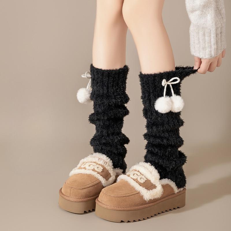Pile Leg Warmers Women Autumn and Winter Warm Coral Fleece Bow Socks Cover Fleece Thickened Sleep Long Tube Calf Socks